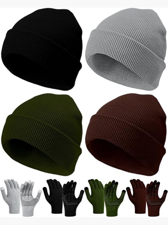 Accessories - Unisex Knit Beanie and Gloves Set Stretchy Touch Screen Gripper Winter Warm